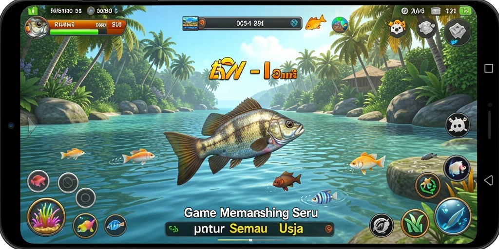 Tampilan gameplay memancing seru di 3446 dengan berbagai lokasi dan ikan.