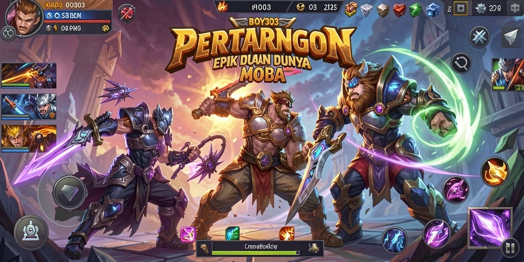 Tangkapan layar gameplay BOY303 menampilkan aksi MOBA yang seru.