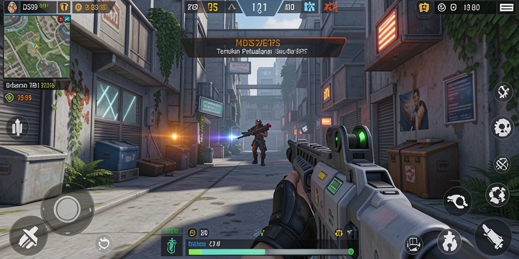 Screenshot gameplay DS99 menampilkan aksi tembak-menembak yang intens.