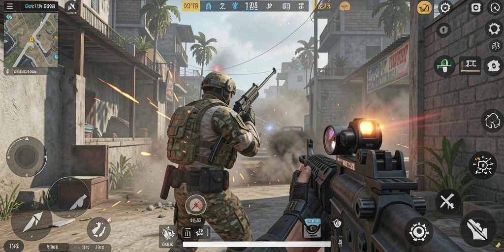 Screenshot gameplay NOX123 menunjukkan aksi tembak-menembak yang intens dan strategis.