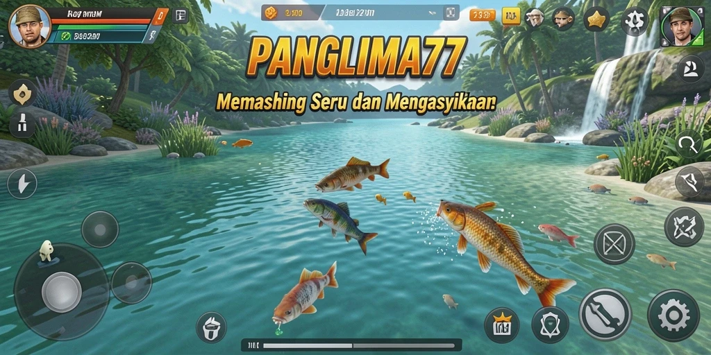 Screenshot utama PANGLIMA77 menunjukkan momen memancing yang seru di laut.